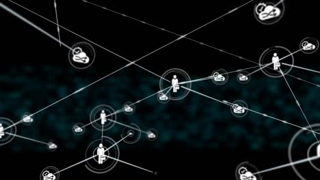 Animation-of-network-of-connections-with-icons-over-shapes-on-black-background