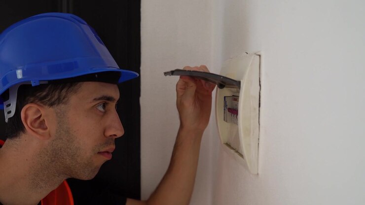 Electrical technician wearing a blue hard hat checks the circuit breaker box of a house. Side view.