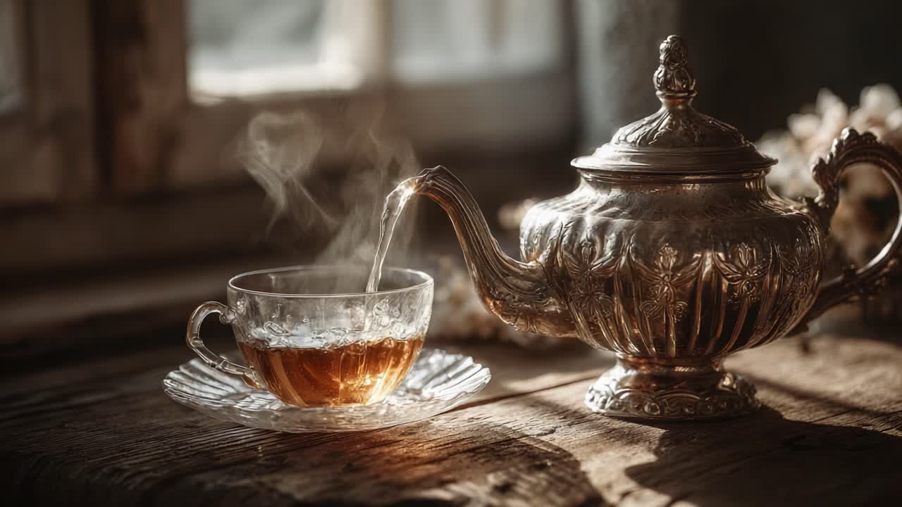 Elegancja w każdym calu: Olśniewający srebrny czajnik przelewa parującą herbatę do delikatnej szklanej filiżanki ze zdobnym spodkiem w ciepłej i zachęcającej atmosferze