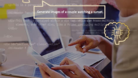 animation of ai text, icons and woman using laptop