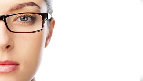 woman wearing reading glasses portrait close up half face character series isolated on pure white background