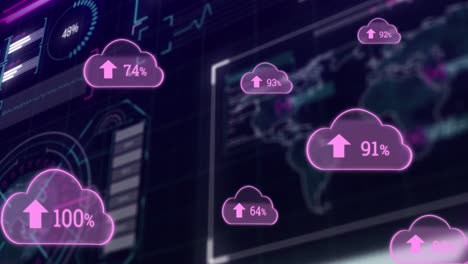 animation of clouds with arrows and numbers and data processing