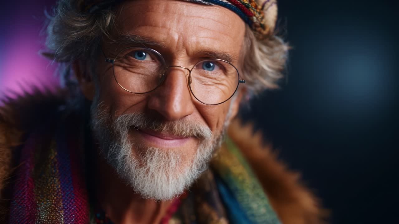Un ritratto caloroso di un saggio anziano con occhi azzurri e un abbigliamento colorato, catturato in due inquadrature, che mostrano il suo sorriso gentile e la sua presenza carismatica
