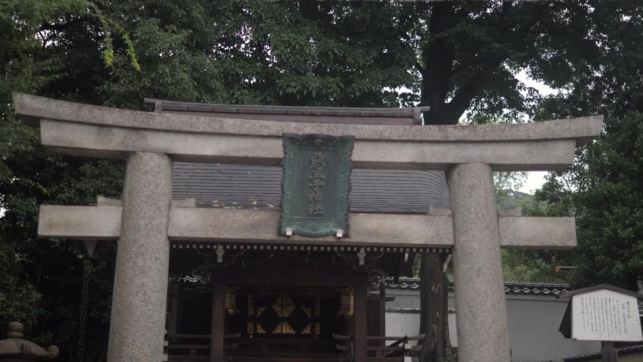 Portale torii in pietra e ingresso del santuario circondati da alberi a Kyoto, Giappone.