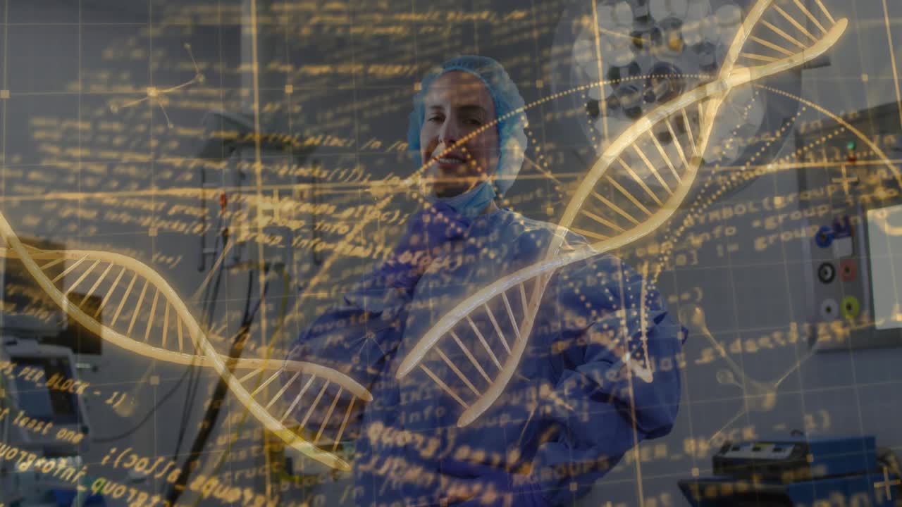 Surgeon touching mask in lab after animated DNA helix rotating on monitors, analyzing genetic data