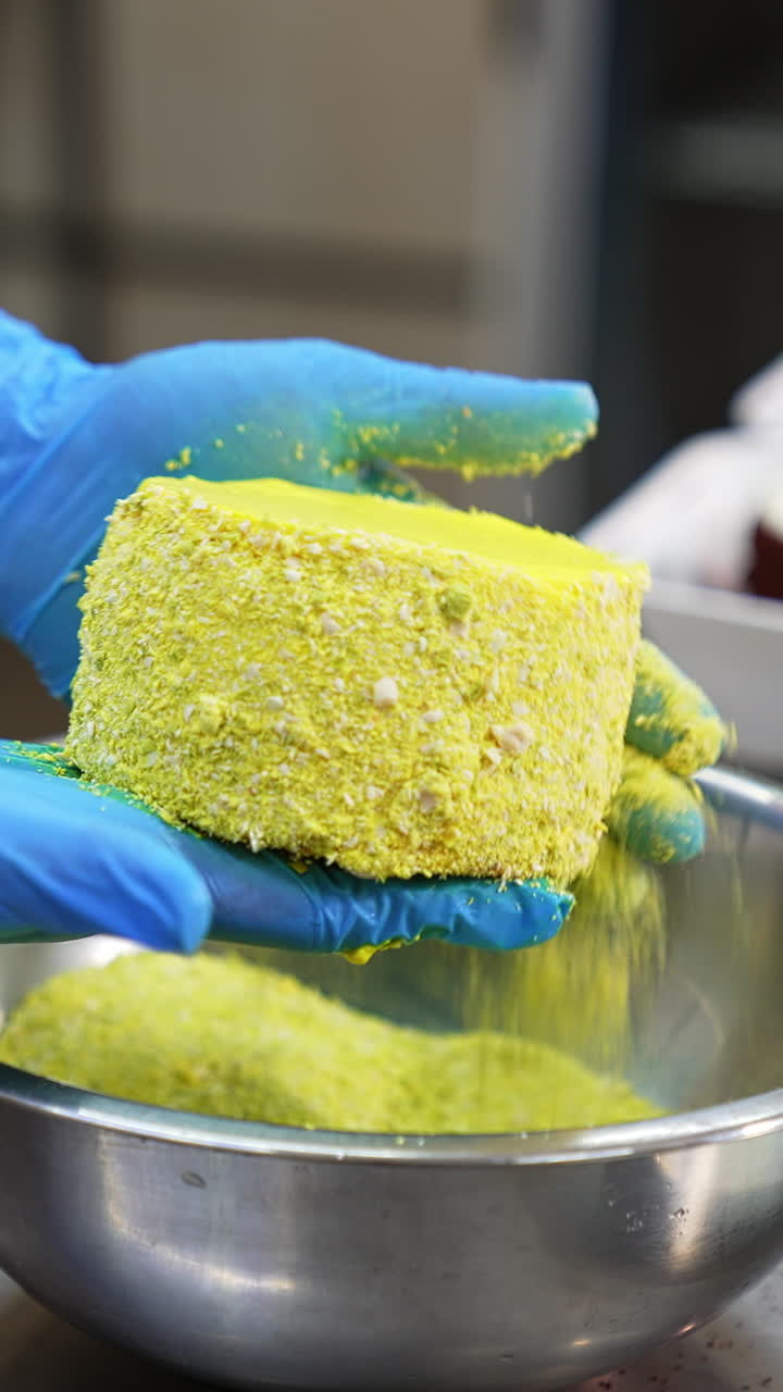 Producing cakes at the confectionery. Gloved hands cover yellow cake with sprinkling. Factory worker puts the ready cake into individual plastic box. Vertical video