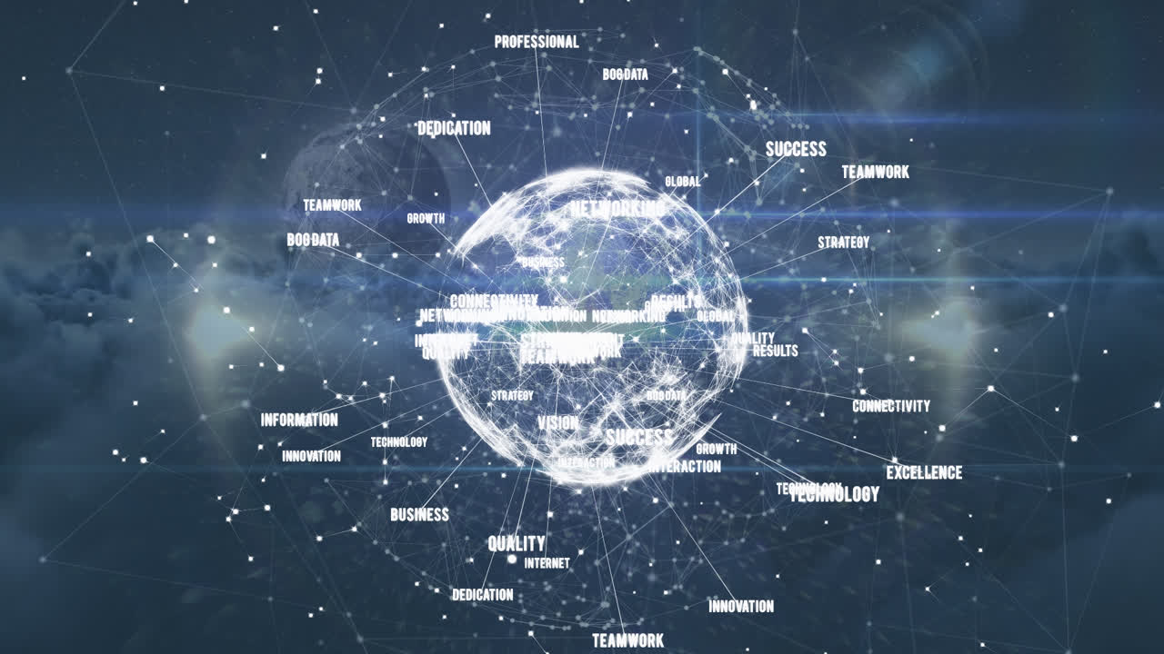 전 세계 비즈니스 텍스트와 연결된 네트워크의 애니메이션