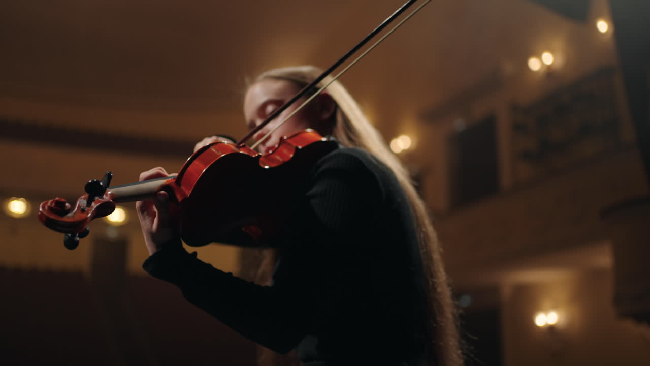 una joven violinista está tocando música clásica en el salón filarmónico.