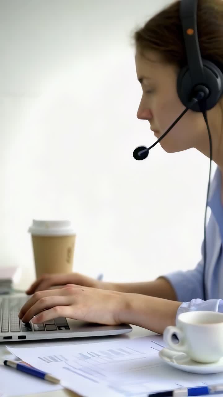 A woman is working on a laptop with a headset on. She has a cup of coffee next to her