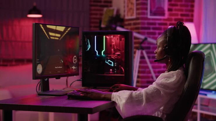 Afroamerikansk kvinde streamer first person shooter, mens hun taler i headset