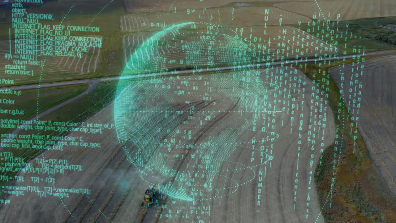 Digital data and binary code animation over aerial view of agricultural fields