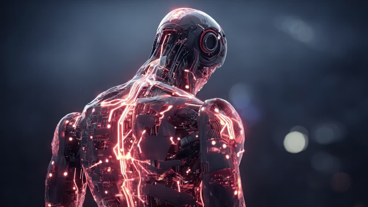 Et futuristisk robotvæsen fremviser indviklede kredsløb og glødende energilinjer, der fremhæver blandingen af teknologi og kunstneriskhed i et fængslende kybernetisk design.