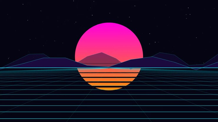 Retro Synthwave Landscape with Glowing Sun and Grid Horizon