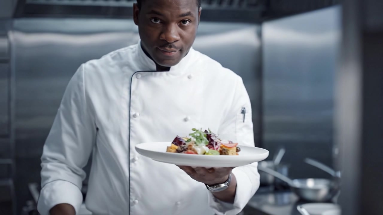 Chef professionista che impiattisce un piatto gourmet con precisione e cura in una cucina moderna, mettendo in mostra le abilità culinarie e ingredienti vivaci per una presentazione spettacolare.