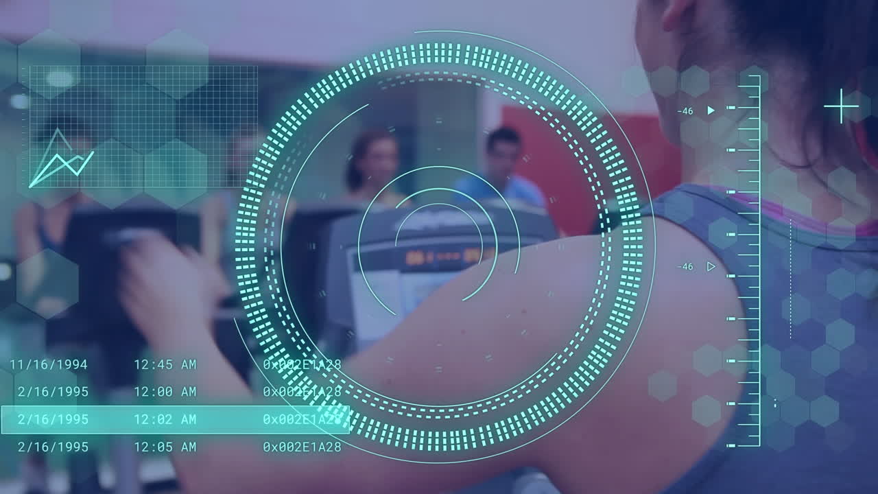 animación de escaneo de alcance y procesamiento de datos sobre personas caucásicas en el gimnasio