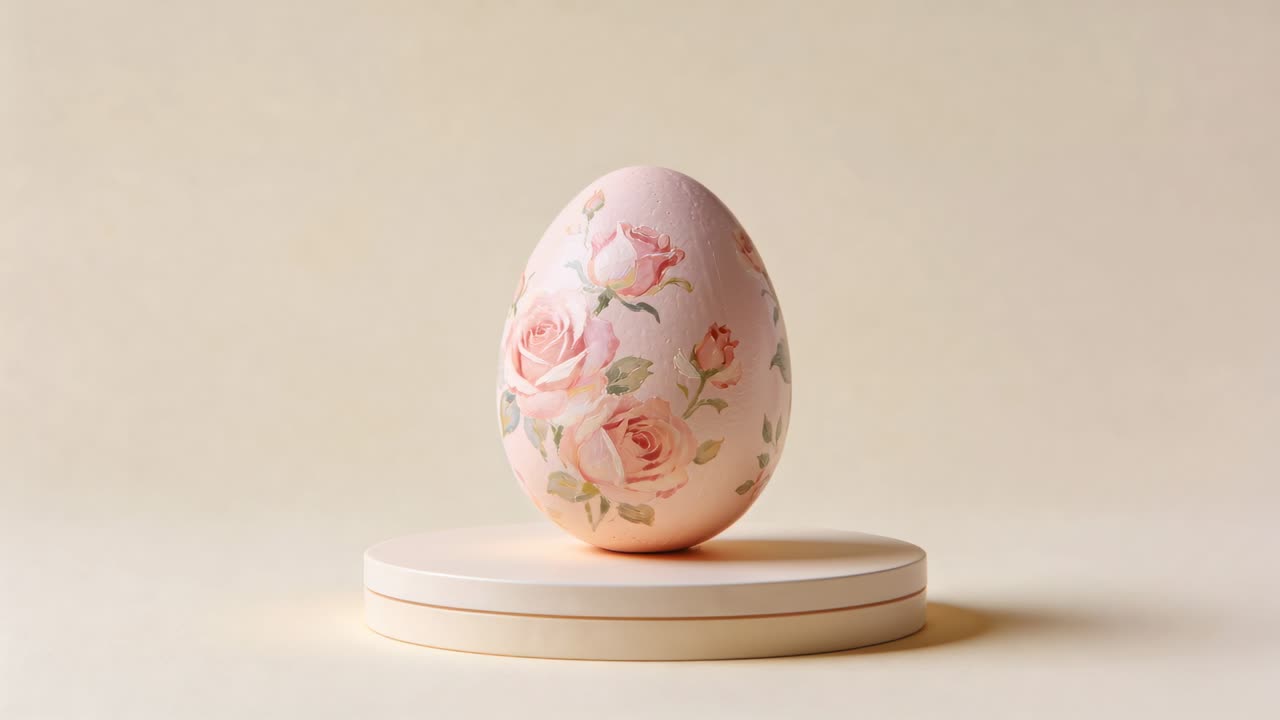 Rotating turntable moving painted egg slowly revealing rose motifs on beige tabletop, with pedestal