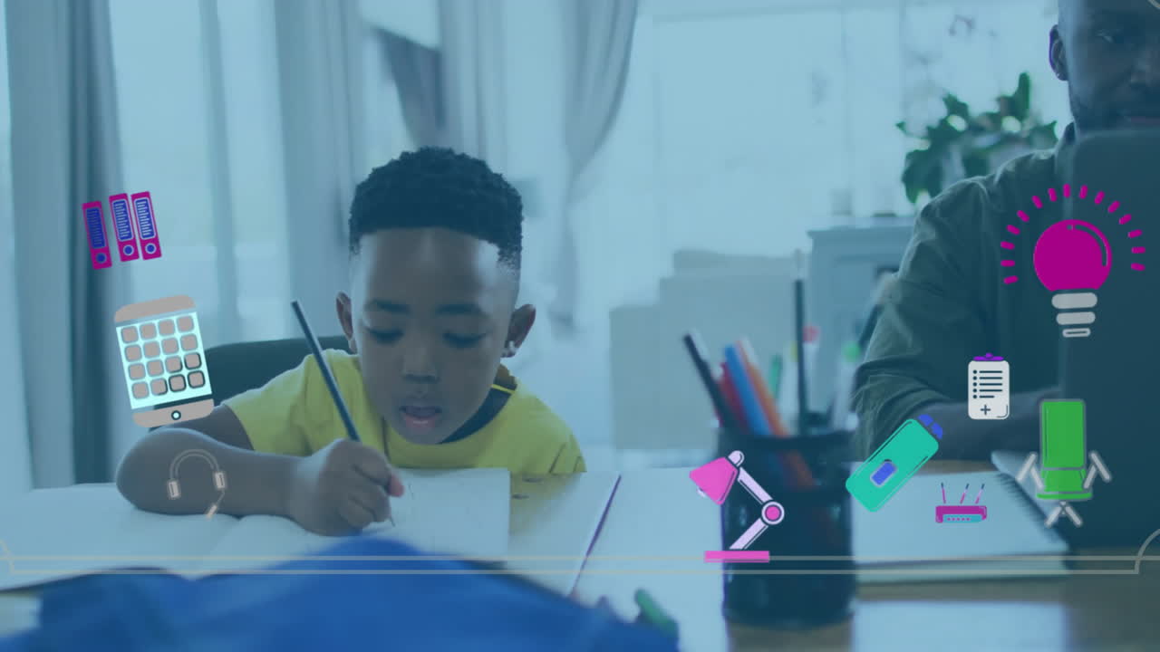 Animation of school items icons over biracial boy learning at home