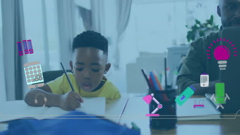animation of school items icons over biracial boy learning at home