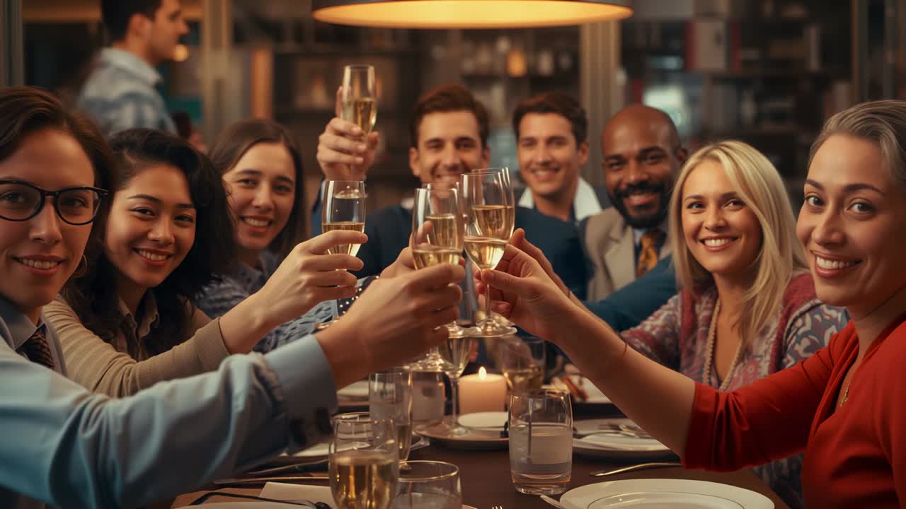 Smiling colleagues raising champagne flutes at dining table, toasting around candlelit centerpiece