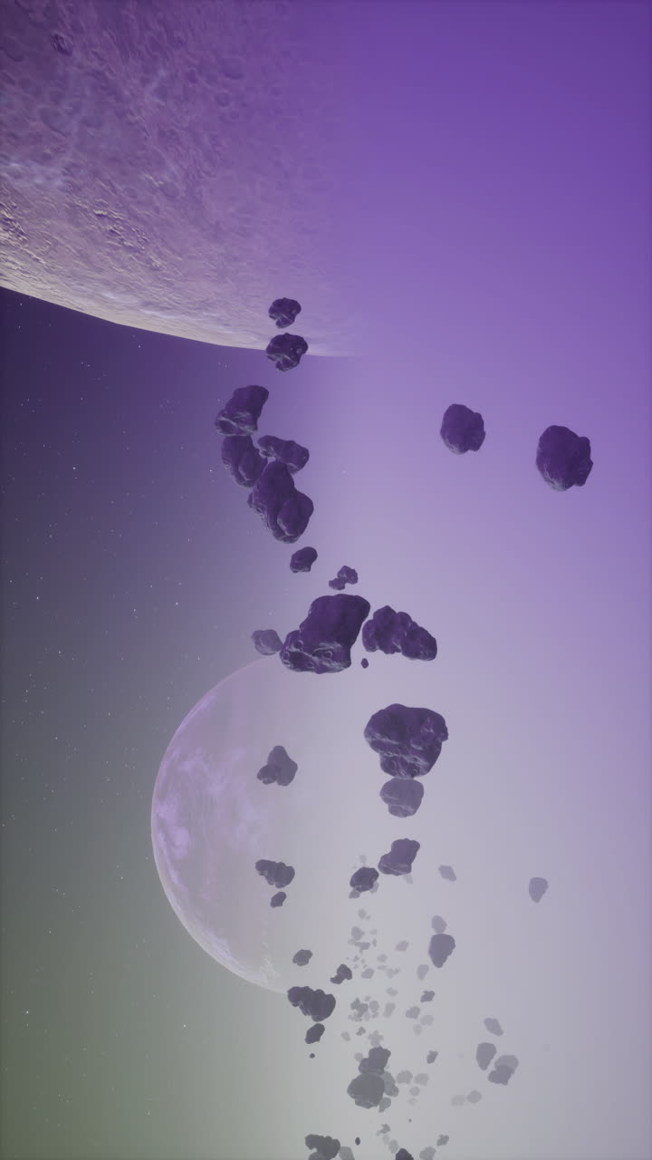 A stunning view of a purple sky with two planets and asteroids