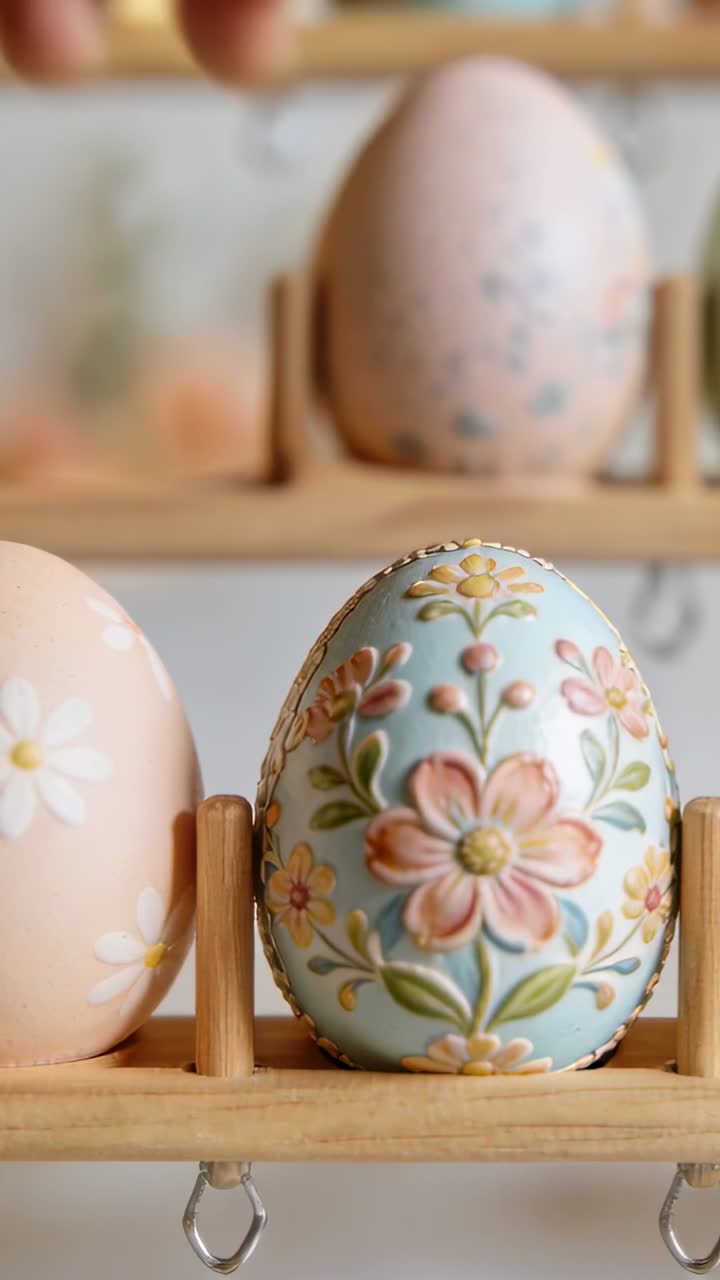 Vertical video: Entering right hand nudging blue floral egg into wood rack on worktop, displaying