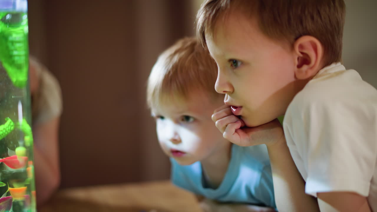 Curious boy in white shirt leans forward with focused expression, interacting during playtime or activity while younger sibling sits blurred in background, capturing childhood moment full of attention indoors