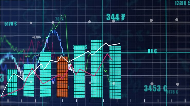 Animation of financial and statistical data processing against blue background