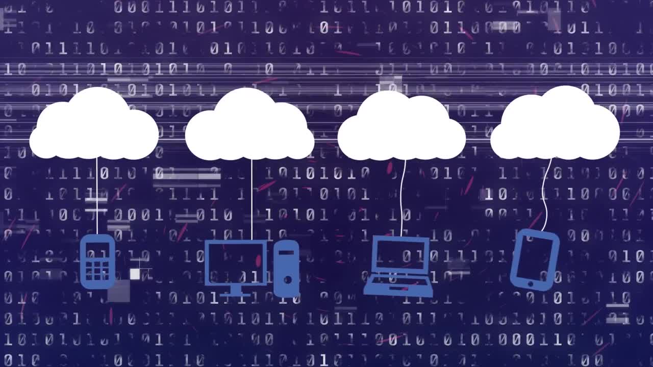 바이너리 코딩을 통해 구름과 디지털 아이콘의 애니메이션