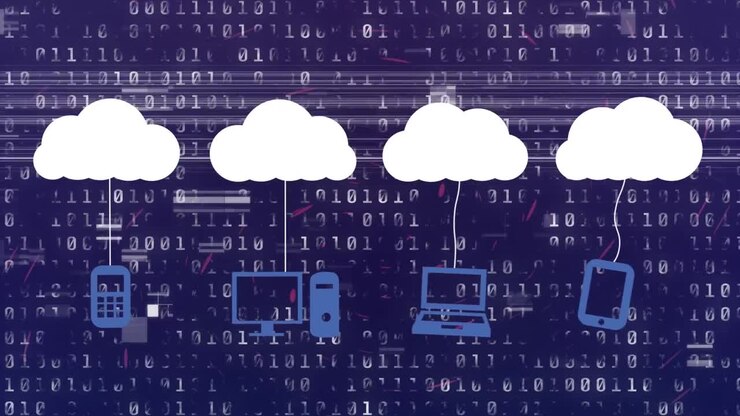 Animation of clouds and digital icons over binary coding