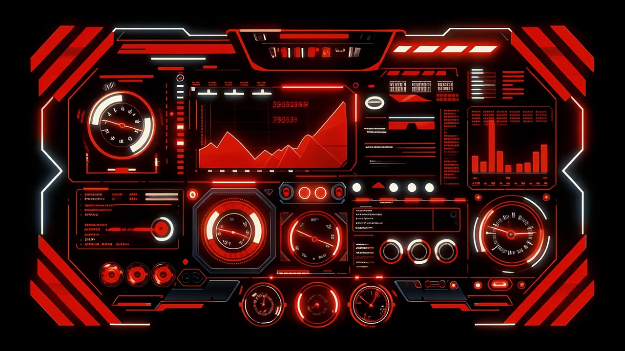 Futuristic Red HUD Display with Dynamic Data and Graphs