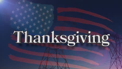 Animation-of-thanksgiving-text-over-american-flag-and-power-line