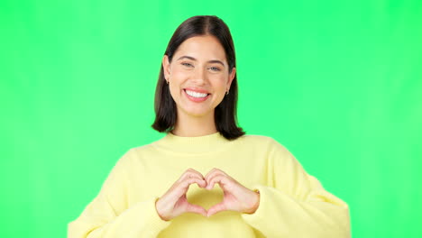 Heart,-hands-and-face-of-happy-woman-on-green