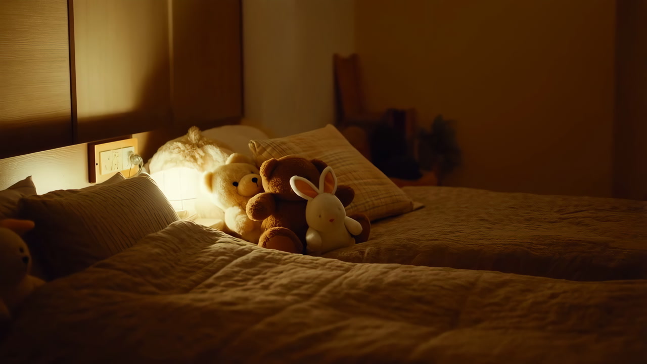 Warm Bedside Lamp Illuminates Stuffed Bears On Rumpled Quilted Bed, Soft Pillow And Blanket, Muted Blinds