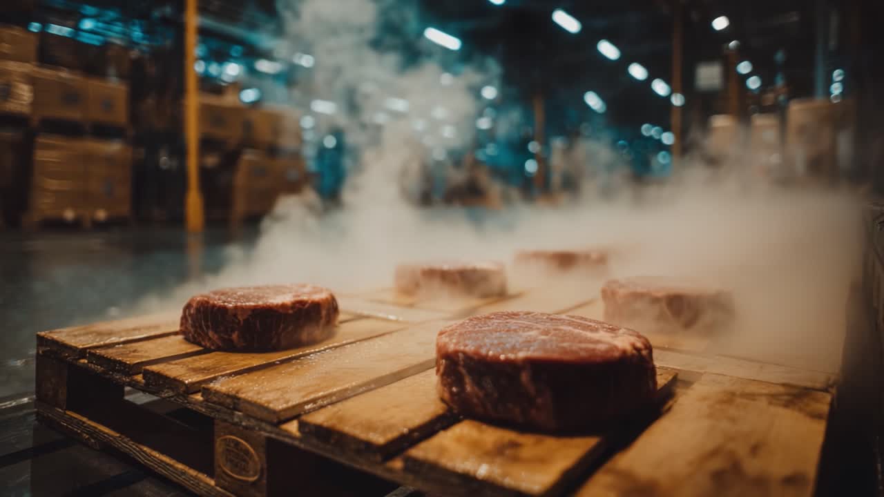 倉庫内で木製パレットに置かれたステーキのクローズアップ。湯気と活気ある背景が、食肉業界の鮮度と品質を際立たせる。