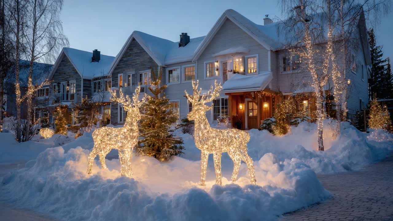 Enchanting Winter Wonderland: Sparkling Holiday Lights and Glimmering Reindeer Display Create a Magical Atmosphere in a Cozy Snow-Covered Neighborhood