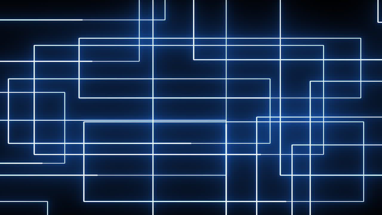 Blue Glowing light lines interweave and overlap to form complex, glowing rectangular structures and grid-like patterns. Perfect for technology promos, high-speed data concepts about AI or computing