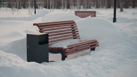 close up of two people in winter clothing walking past snow covered bench and trash bin in snowy park, with soft background of trees and cold outdoor setting captured in gentle winter light