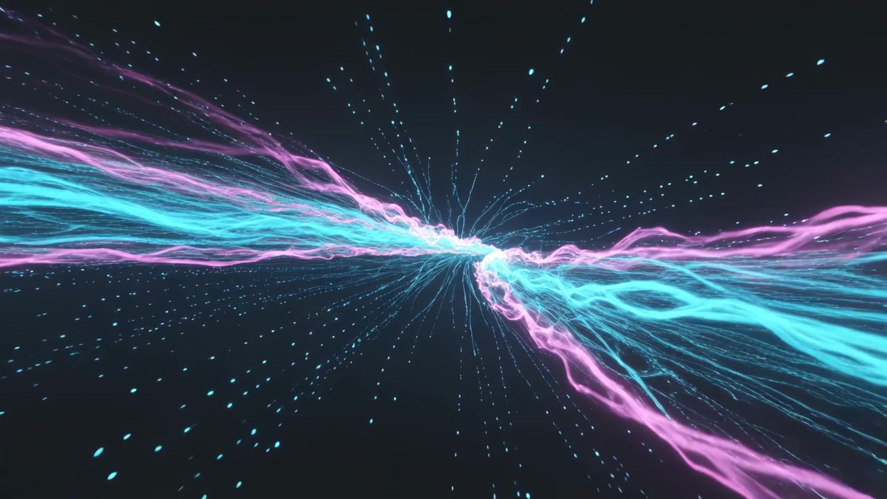 Meeting at central node, cyan-magenta ribbons streaming outward across dark void, particle spray