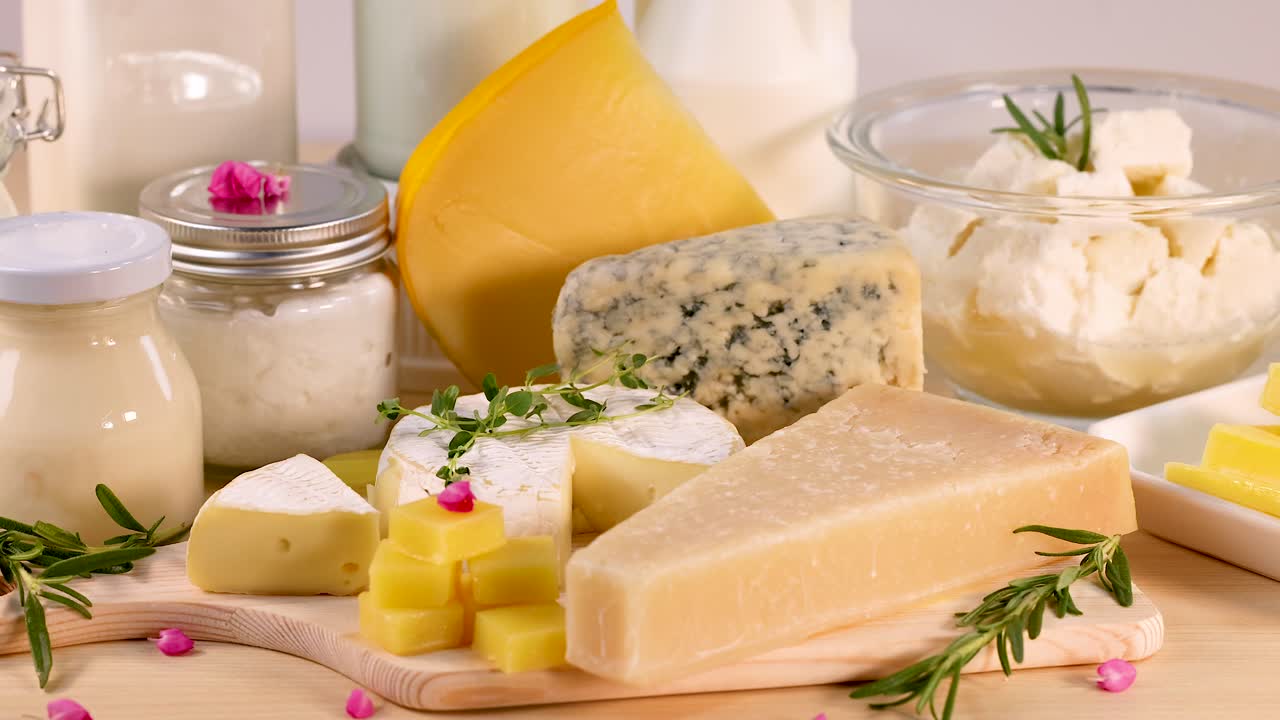 색 배경 에 배열 된 여러 가지 유제품