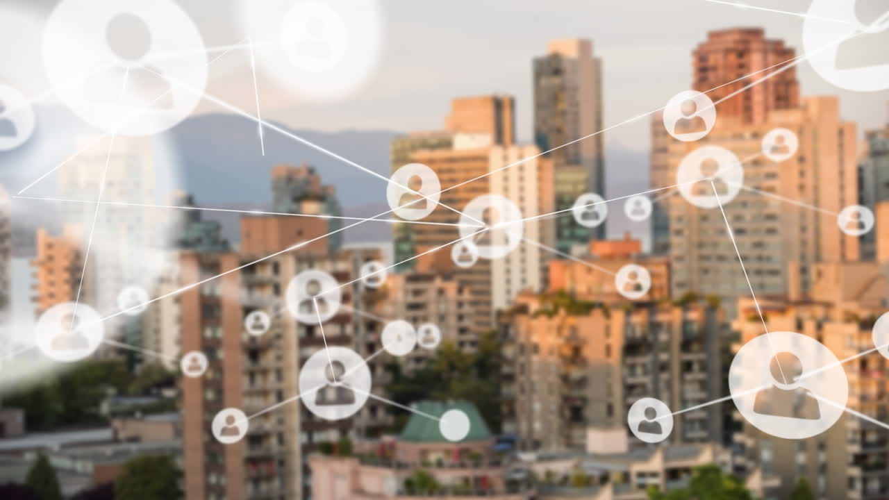 하늘을 향한 높은 건물의 공중 전망 위에 프로필 아이콘 네트워크의 애니메이션