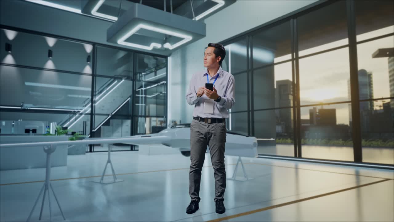 cuerpo lleno de un trabajador profesional masculino asiático de pie con su teléfono inteligente con proyecto de drones, instalación industrial de alta tecnología, observa mirando a su alrededor antes de llegar a concentrarse con su teléfono móvil