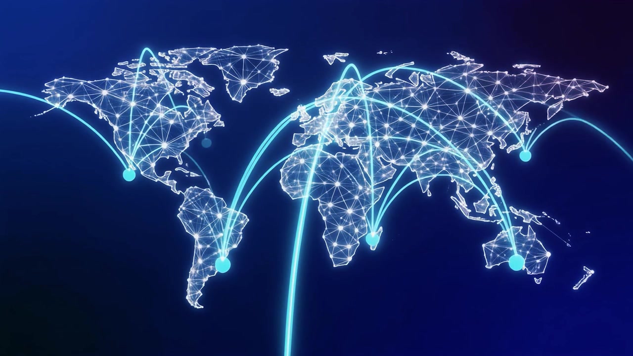 Digital World Map with Global Network Connections and Data Flow