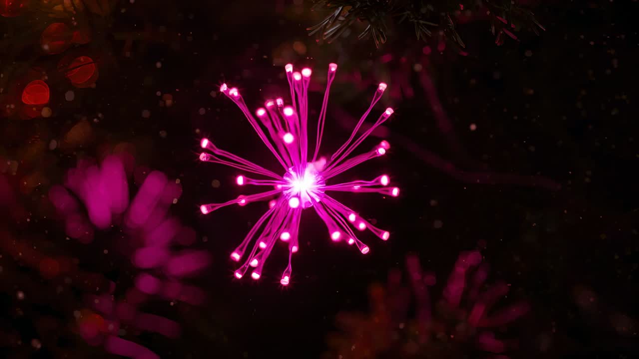 Pulsing LED driving magenta fiberoptics swaying amid dark evergreen branches and drifting particles