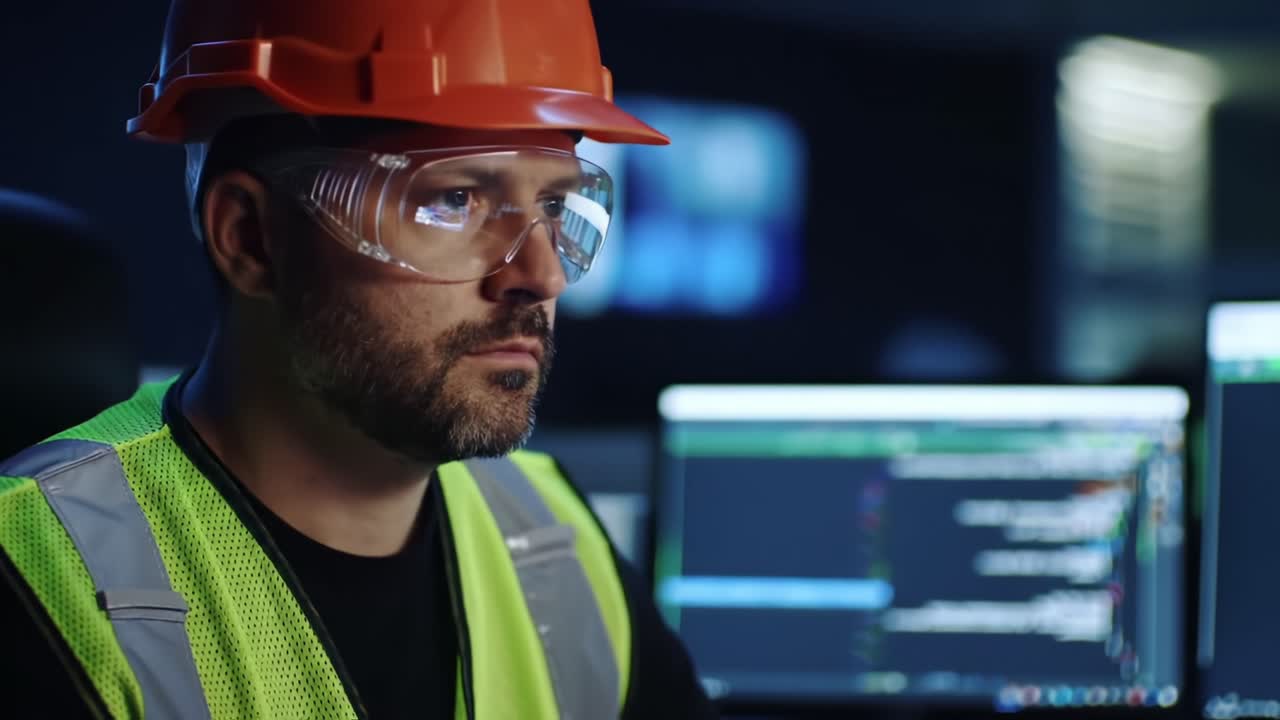 Focused Worker in Safety Gear Analyzing Data on Computer Screens in a Dark Environment, Highlighting Workplace Safety and Technology Integration