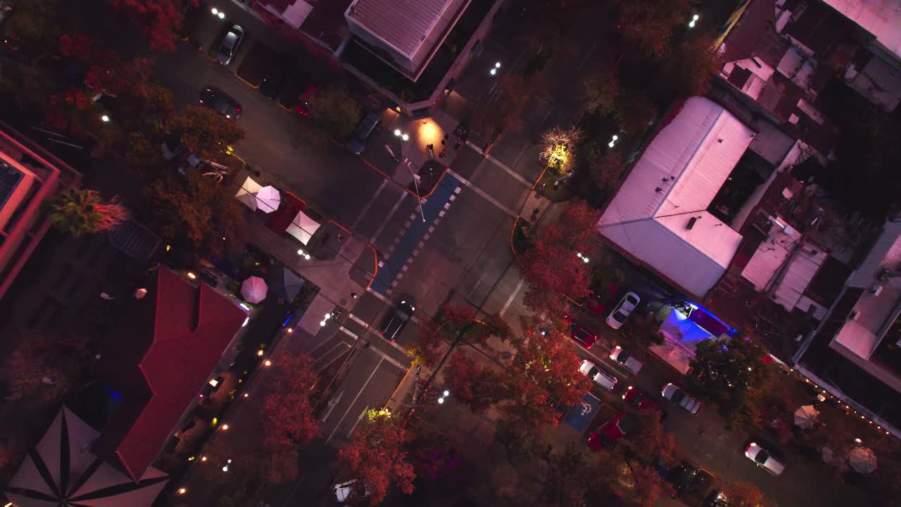 Aerial 360 Panoramic View Above Barrio Italia at Night, Santiago Streets Chile, Cars Driving and Neighbourhood Nightlife Panorama