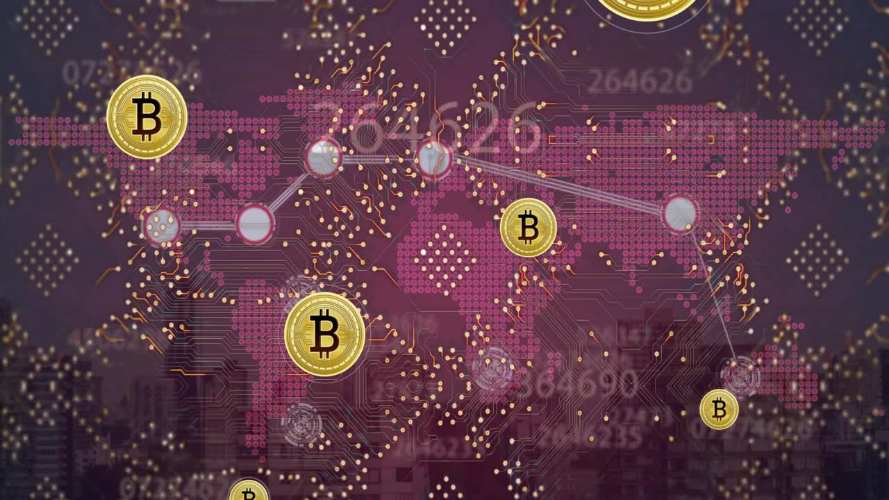 Animation of data processing and bitcoins over cityscape
