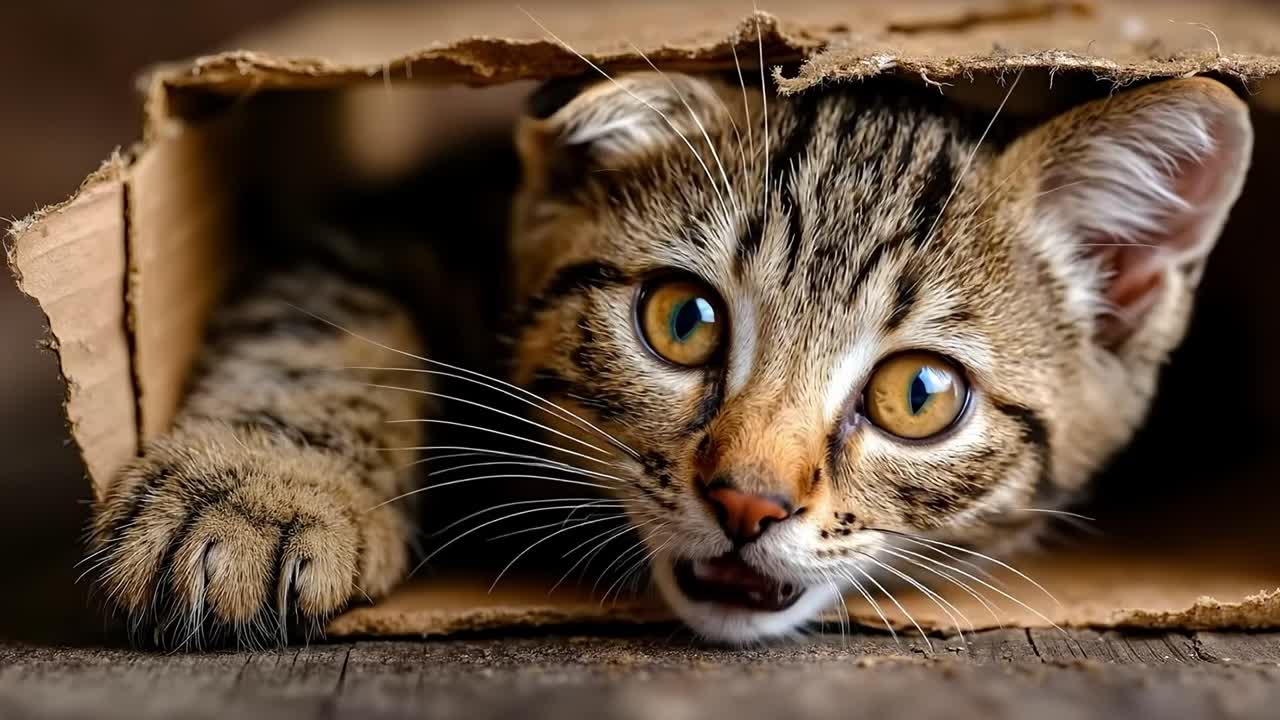 A cat peeking out of a cardboard box with its paw sticking out of it