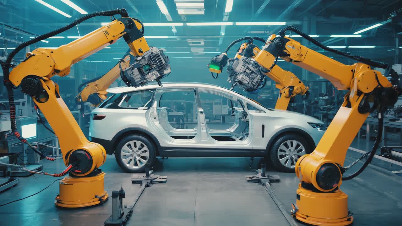 Robotic Arms Assembling a Car in a Modern Automotive Factory