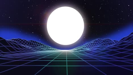 retro paisaje futurista de los años 80 cuadrícula de fondo con planeta en el espacio