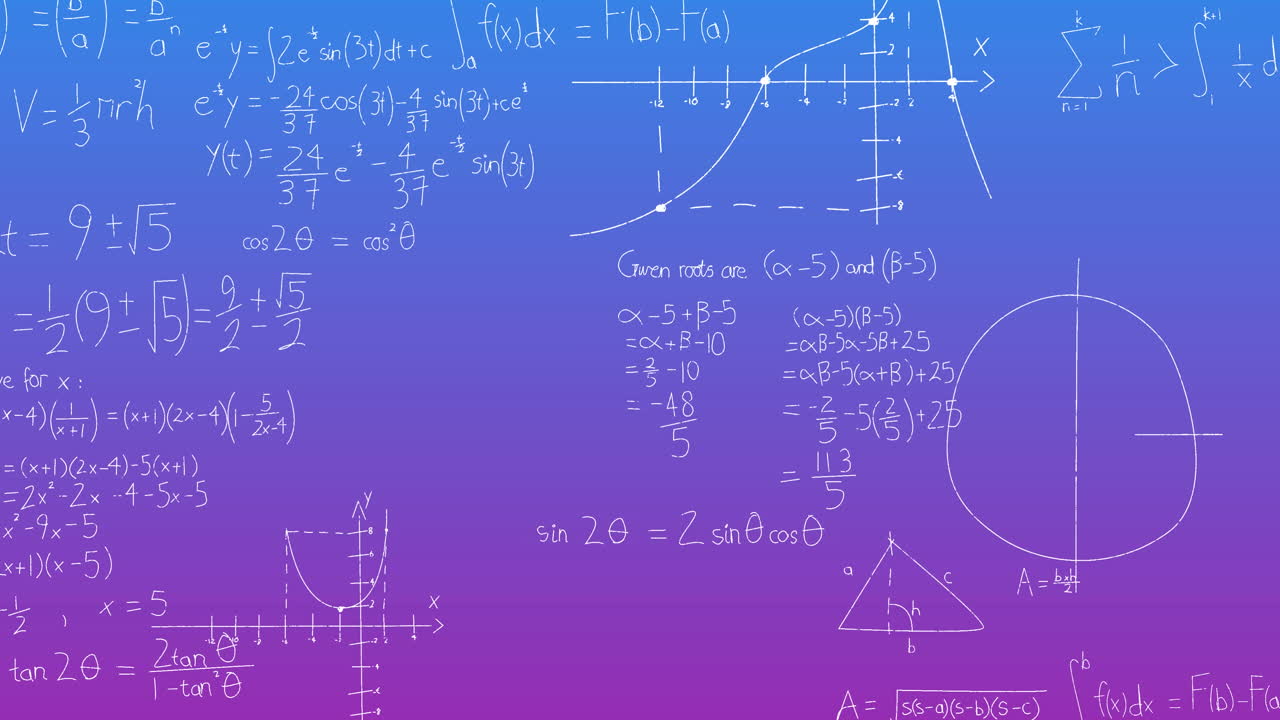 Animation of mathematical equation and diagrams over gradient background